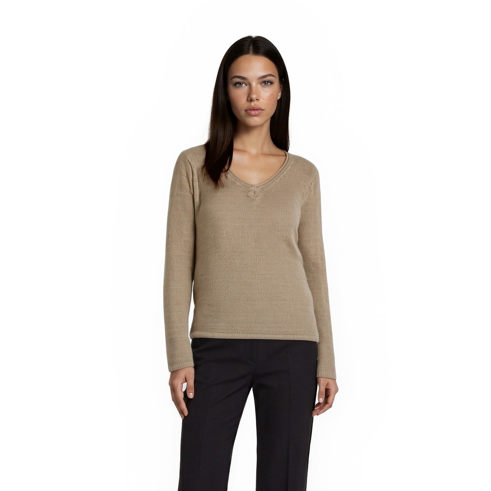 J. McLaughlin V Neck Sweater Women's Size Medium Tan Cotton Blend Side Slits